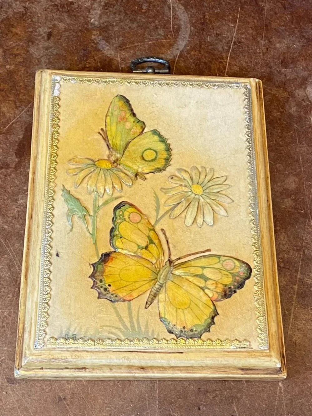 1970s Butterfly Decorative Wall Plaque On Wood Metallic Lace Border Vintage